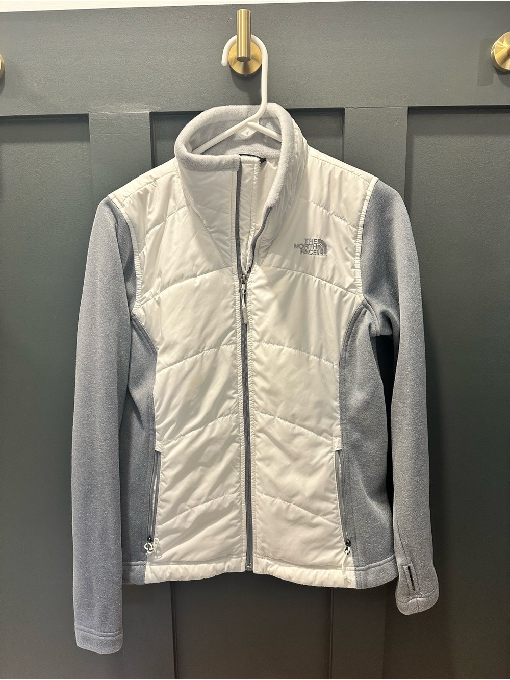 The North Face White Front Quilted Jacket with Light Gray Fleece Sleeves